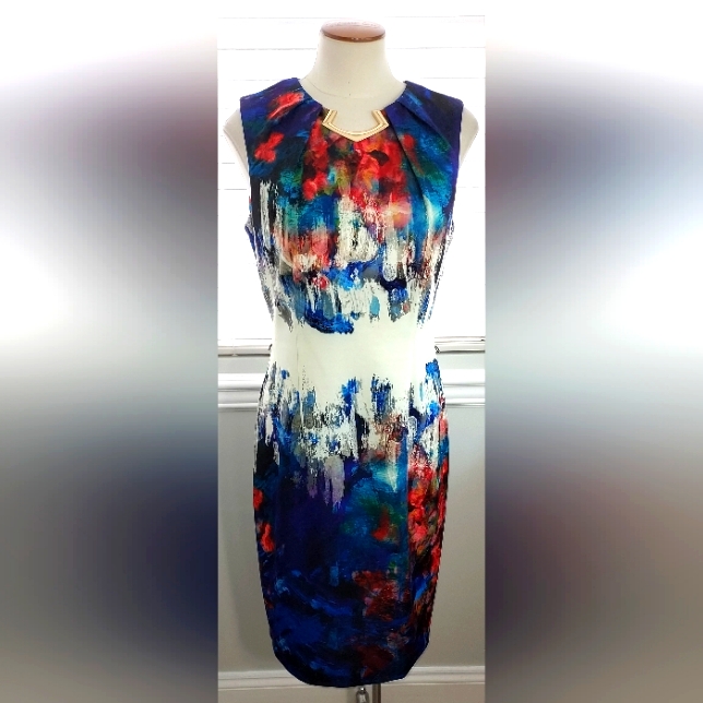 Joseph Ribkoff Multi Color Fitted Painted Look Dress Pre-Owned